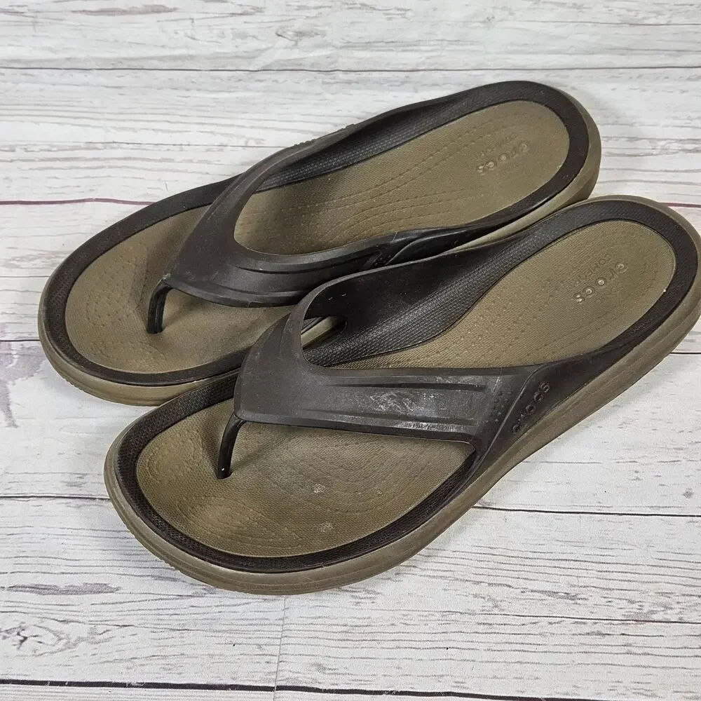 CROCS Flip Flop Sandals Men's Brown Khaki US 12 Iconic Comfort Croslite
